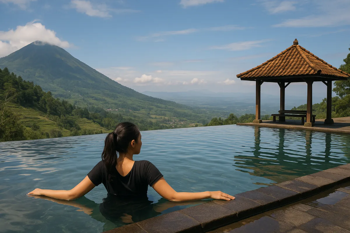 Seorang pengunjung menikmati air segar dari kolam alam di Umbul Sidomukti sambil dikelilingi pepohonan rindang dan udara sejuk pegunungan