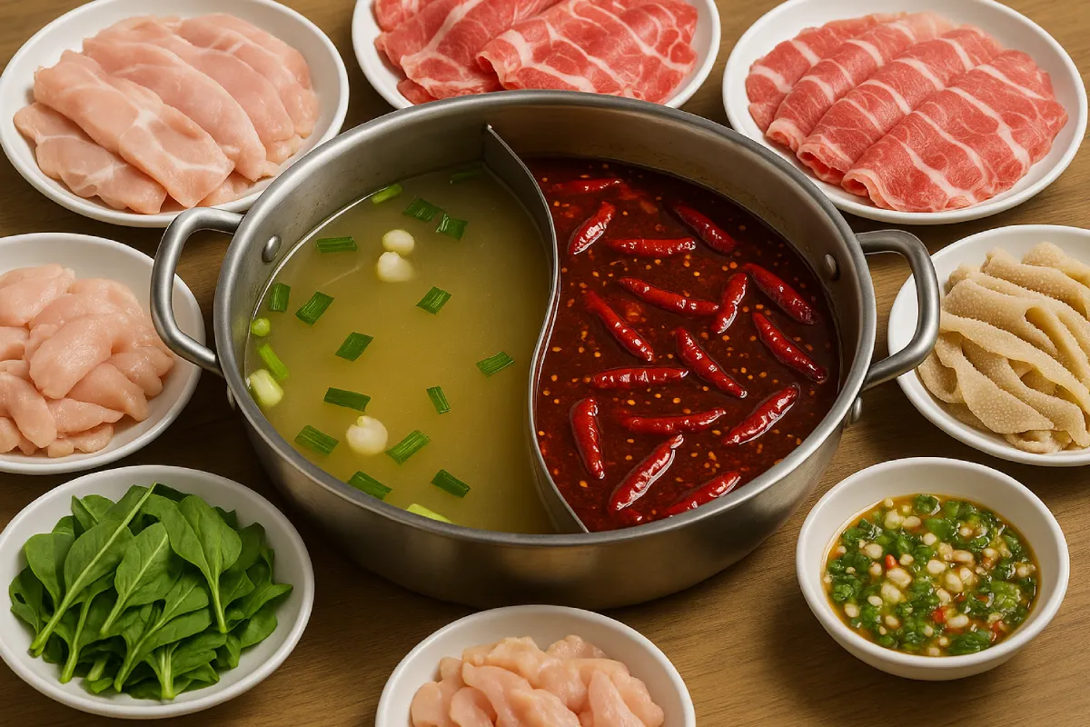 Sebuah hidangan hotpot dengan kuah dua rasa, satu sisi segar dan satu sisi pedas, disertai berbagai bahan seperti daging, sayuran, dan saus khas, menunjukkan keunikan fakta hotpot.