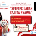 Infografis kegiatan donor darah dengan tema Setetes Darah Sejuta Nyawa ke-9 di Jakarta Barat, menampilkan lokasi dan waktu pelaksanaan.