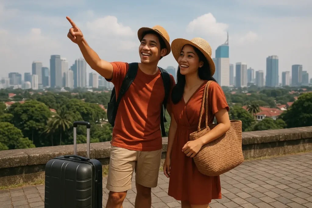 Pasangan sedang menikmati liburan long weekend di Jabodetabek dengan latar kota modern dan pemandangan hijau.