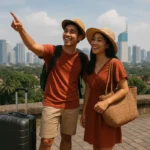 Pasangan sedang menikmati liburan long weekend di Jabodetabek dengan latar kota modern dan pemandangan hijau.