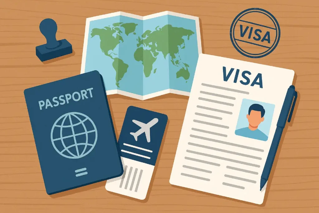 Paspor terbuka dengan stempel visa dan ikon perjalanan, menggambarkan proses dalam panduan visa traveling.