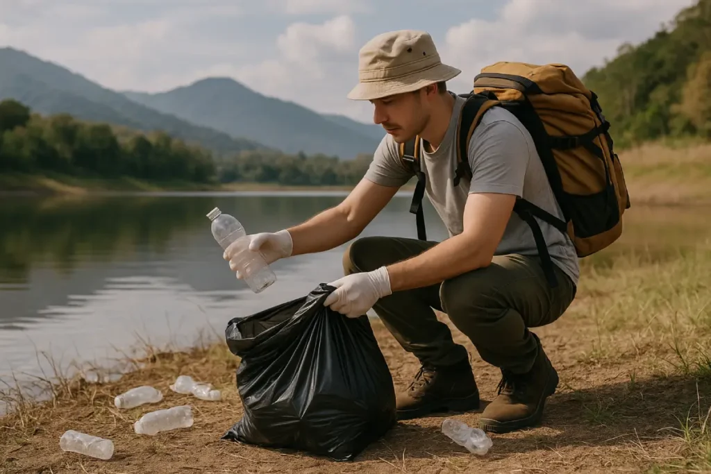 Seorang pria memungut sampah plastik di tepi danau, menggambarkan dampak dan upaya mengatasi pencemaran lingkungan.