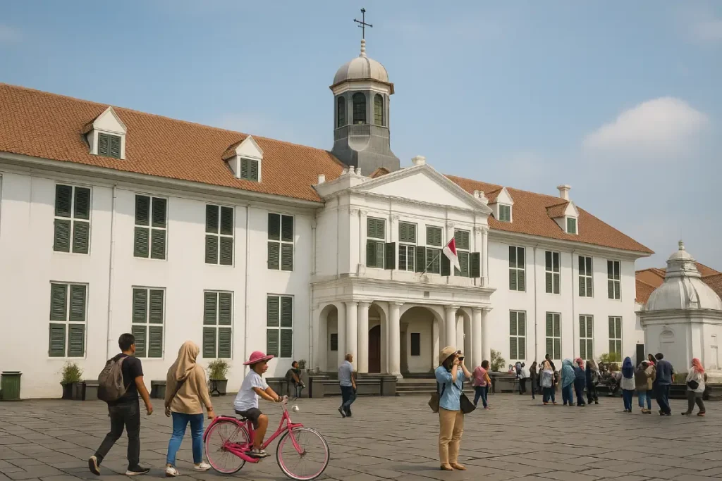 Rekomendasi wisata sejarah Jakarta: bangunan bersejarah dengan arsitektur kolonial yang ramai dikunjungi oleh wisatawan dan pengunjung lokal.