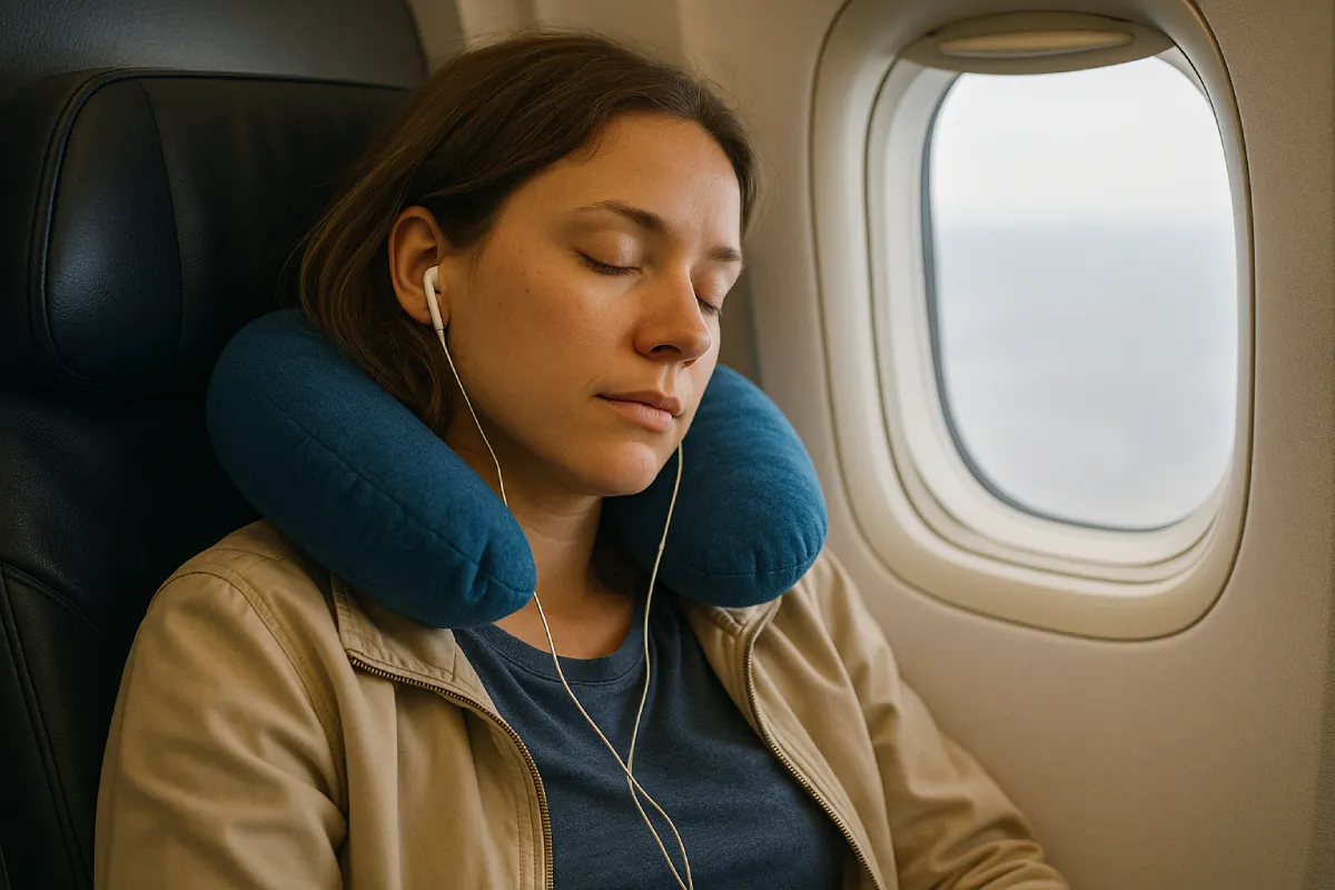 Seorang penumpang pesawat tidur dengan nyaman di kursi, menggunakan bantal leher dan earphone untuk mendukung kenyamanan selama perjalanan, menunjukkan pentingnya tips agar cepat tidur saat bepergian.