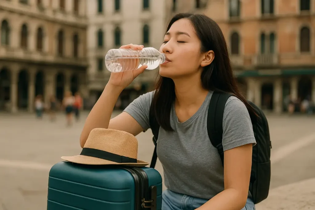Seorang wanita sedang minum air saat beristirahat di tengah perjalanan, menggambarkan pentingnya tips jaga stamina saat traveling.