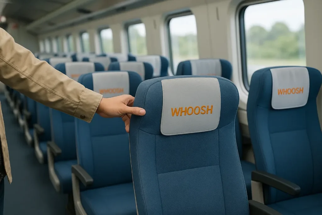 Seorang pria memeriksa kursi WHOOSH di dalam gerbong kereta, menunjukkan cara memilih kursi yang nyaman sebagai bagian dari tips memilih kursi WHOOSH