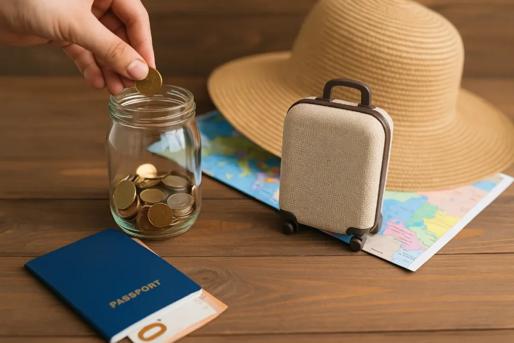 Seorang tangan memasukkan uang ke dalam celengan transparan, dikelilingi tas traveling, peta dunia, dan paspor, menunjukkan cara praktis untuk menabung demi liburan impian.