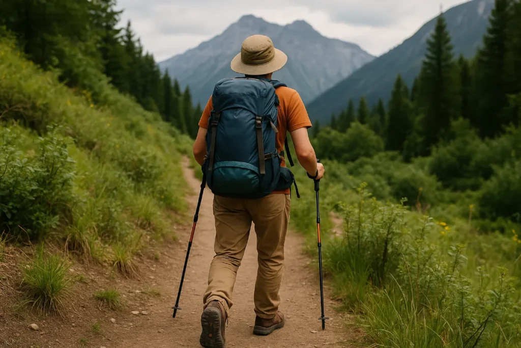 Seorang pria dengan ransel besar dan tongkat trekking melangkah di jalur gunung, menunjukkan langkah awal yang tepat sesuai tips trekking pemula.