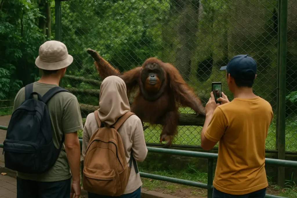 Seorang pria mengambil foto seekor orangutan melalui pagar kawat di Taman Margasatwa Ragunan, menunjukkan pengalaman nyata saat menerapkan tips wisata ke Ragunan.
