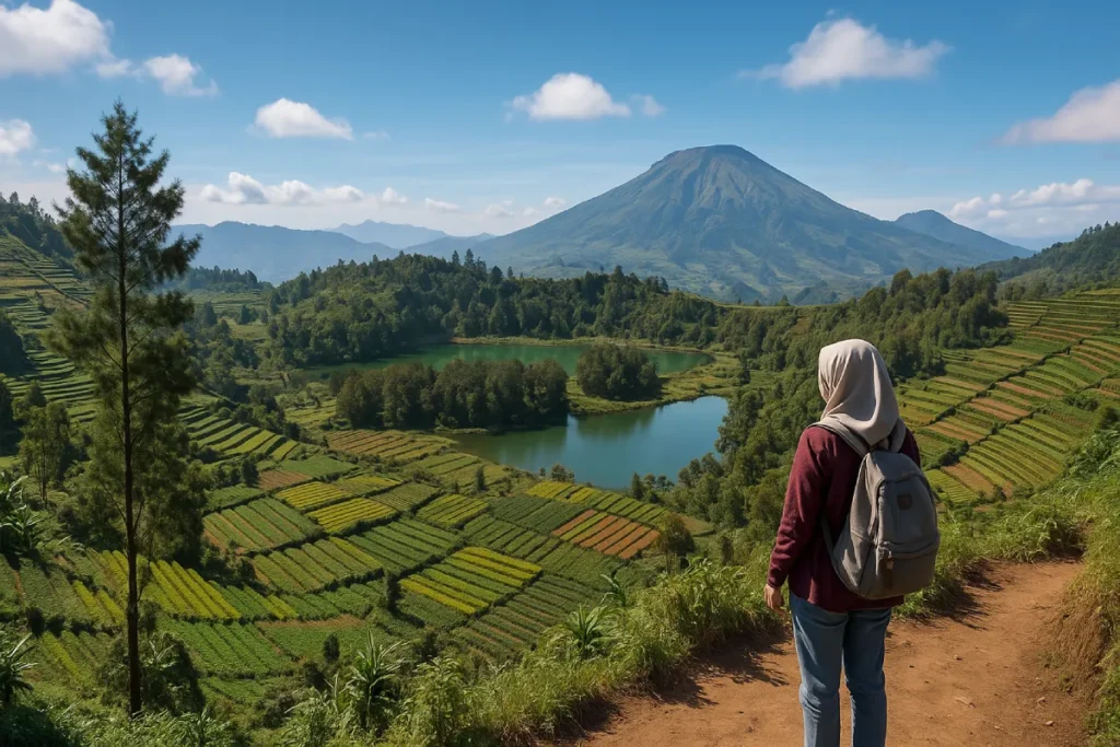 Seorang wisatawan berdiri di tepi jalan, menikmati pemandangan luas sawah hijau dan gunung yang menghampar di latar belakang, mencerminkan keindahan alam dalam wisata Dieng Wonosobo.