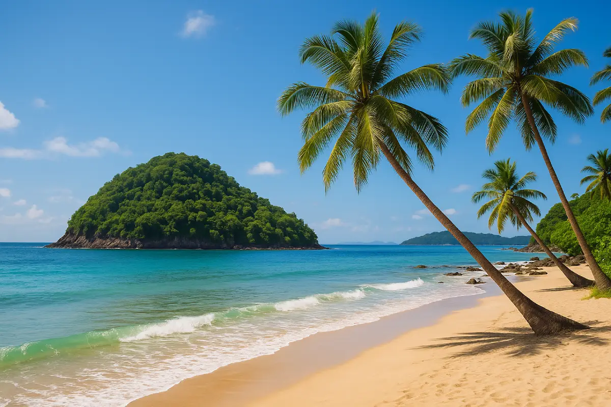 Sebuah pantai eksotis dengan pasir putih, air laut biru jernih, dan pohon kelapa rindang, menunjukkan keindahan alam yang luar biasa dalam wisata pantai Indonesia.