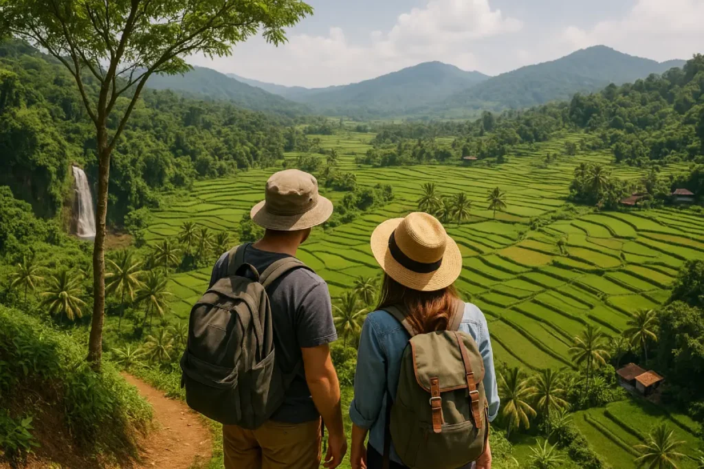 Sebuah pasangan wisatawan berdiri di tepi jurang, menikmati pemandangan luas sawah terasering dan air terjun di Sukabumi, mencerminkan keindahan alam dalam wisata Sukabumi.