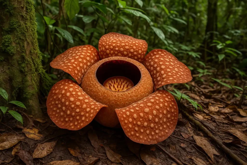 Bunga Rafflesia yang besar dengan kelopak berbintik tumbuh di hutan lebat, menggambarkan keunikan fakta bunga rafflesia.