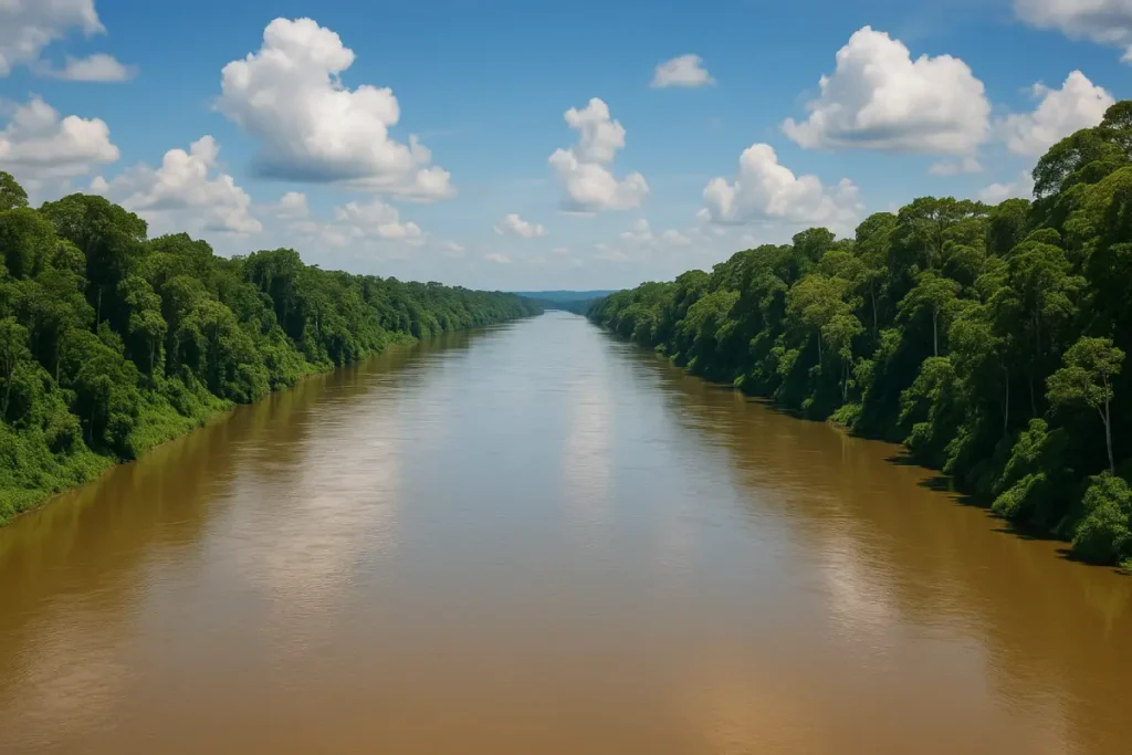 Pemandangan udara sungai lebar yang mengalir melalui hutan hujan tropis, menggambarkan sungai terpanjang di Indonesia.